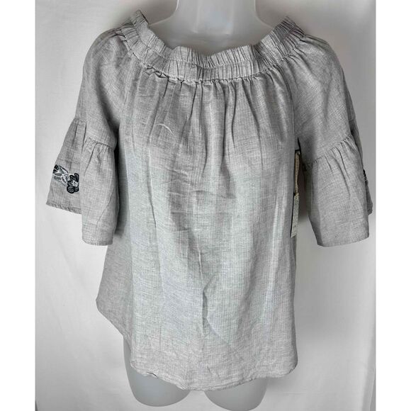 girl krazy Tops - Girl Krazy Womens Grey Embroidered Ruffled Off Shoulder‎ Blouse Small